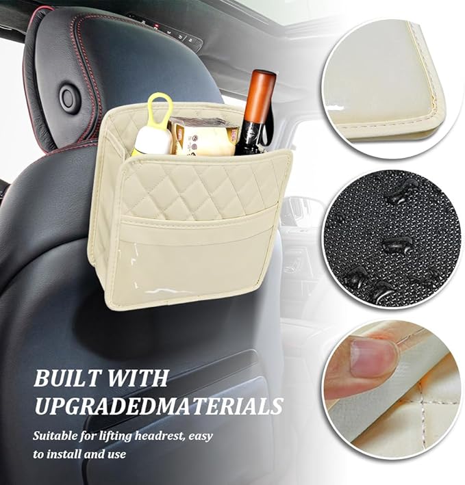 Car Seat Back Organizer, Car Organizers and Storage, PU Leather Vehicle Backseat Hanging Storage Pocket, Multipurpose Auto Travel Essentials Accessories for Kids & Adults, Universal for Cars (Beige)