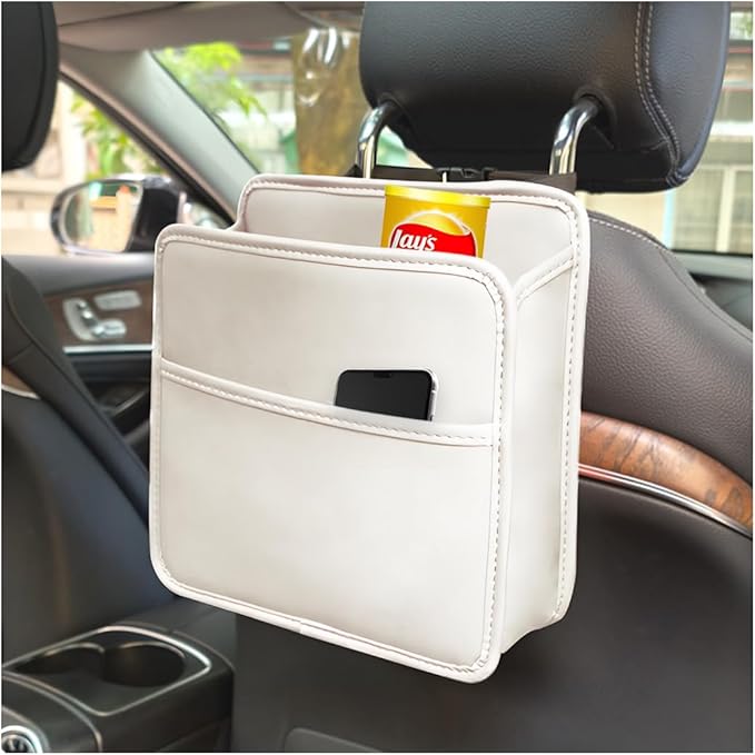 Car Seat Back Organizer, Leather Multipurpose Hanging Vehicle Backseat Headrest Storage Bag, Automotive Pouch Pocket Organizer for Kids & Adults, Universal for Truck SUV Sedan (White)