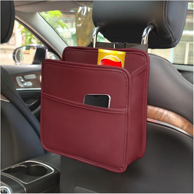 Car Seat Back Organizer, Leather Multipurpose Hanging Vehicle Backseat Headrest Storage Bag, Automotive Pouch Pocket Organizer for Kids & Adults, Universal for Truck SUV Sedan (Red)