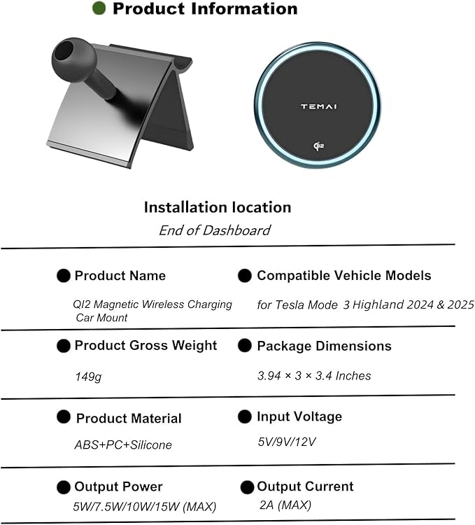 for Tesla Phone Mount Model 3 Highland 2024 & 2025, 15W Qi2 Wireless Charger Strong Magnetic Phone Holder for All 4-6.9'' Smartphones, Base Airvent Adjustable, Anti-Slip Mount