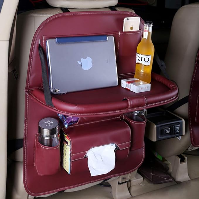 Car Seat Back Organizer PU Leather Storage Bag Universal Auto Multi-pocket Backseat Organizer with Foldable Table Tray