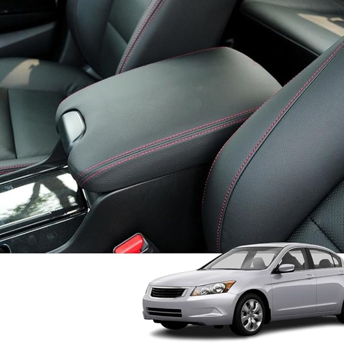 Custom Interior Accessories for Honda Accord 2008 2009 2010 2011 2012 PU Leather Center Console Armrest Box Cover Armrest Cushion Central Armrest Protector Pad(Black with Red Stitching)