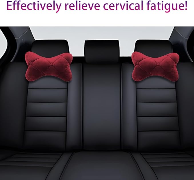2PCS Car Headrest Pillow, Soft Comfortable Vehicle Neck Pillow Cushion, Automotive Interior Head Rest Pad Accessories for Driving Fatigue Relief, Universal for SUV, Sedan, Truck (Wine Red)