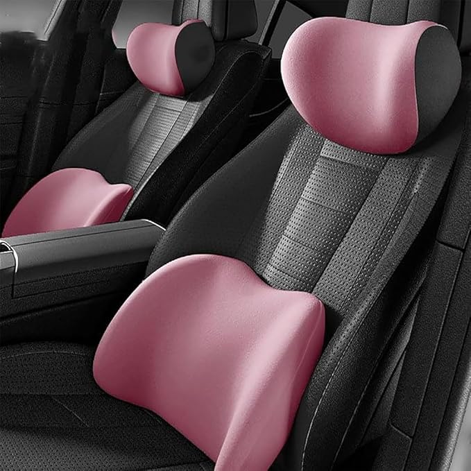 Car Seat Headrest Lumbar Support Kit for Tesla Model Y 2021 2022 2023, Ergonomic Memory Foam Head Neck Pillow Back Cushion Drivers Travel Anti Fatigue,D/Pink