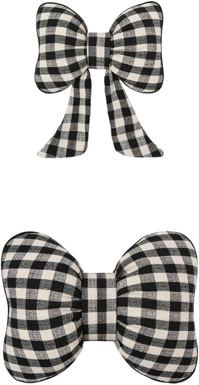 Car Accessories Plaid Bow Headrest Lumbar Pillow 4PCs Set Cotton Linen Elegant Soft Car Seat Cushions for Daily Commuting Trave (Black Plaid,headrest+Lumbar Pillow 2pcs)