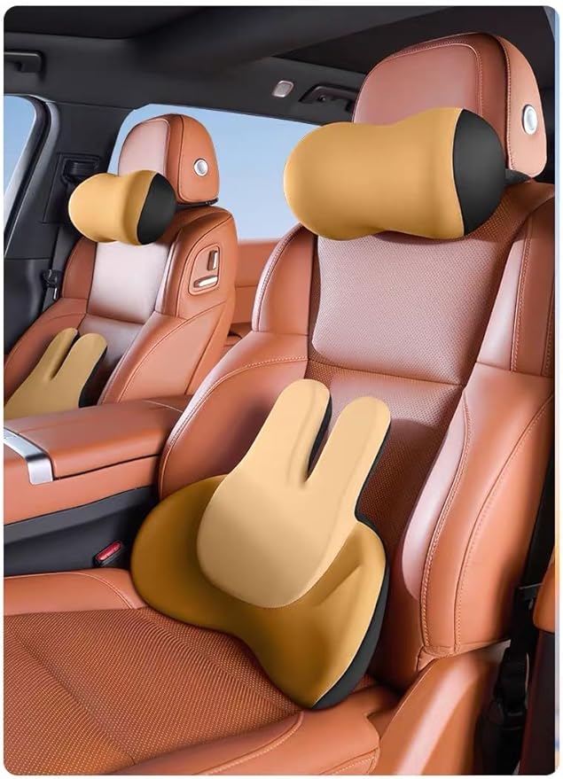 Cute Bunny Car Seat Cushion Set - Lumbar Support Pillow & Neck Pillow for Women Drivers, Ergonomic Back Comfort for Long Drives, Adorable Rabbit Design Car Accessories (Yellow)