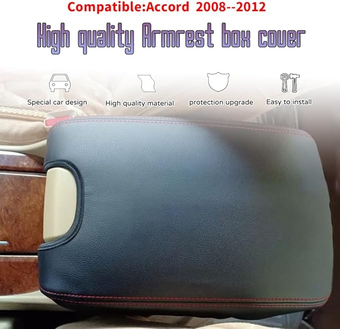 Custom Interior Accessories for Honda Accord 2008 2009 2010 2011 2012 PU Leather Center Console Armrest Box Cover Armrest Cushion Central Armrest Protector Pad(Black with Red Stitching)