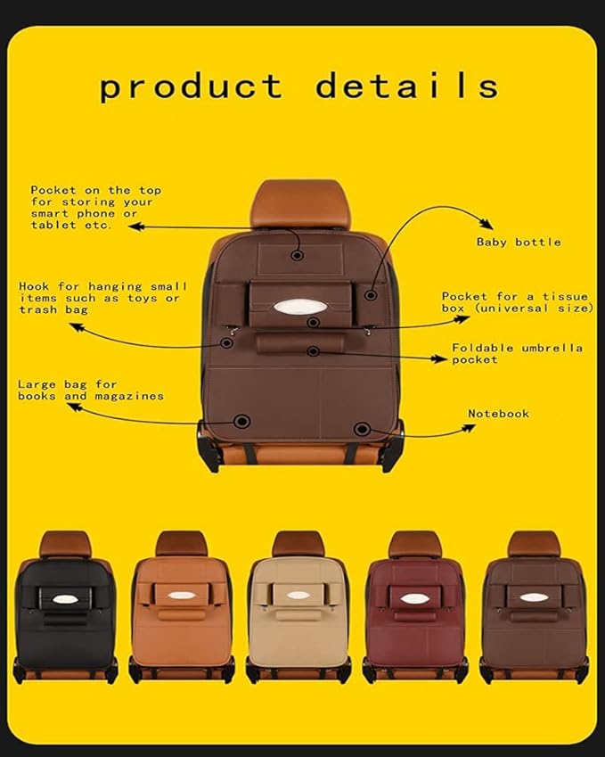 Backseat Car Organizer, Black Backseat Organizers PU Leather Storage Bag Holder Pocket Back Seat Protector Kick Mats Seat Back Organizer for Kids