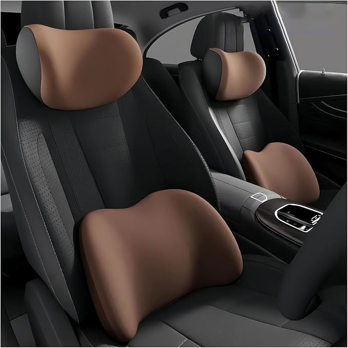 Car Lumbar Support Pillow and Car Neck Pillow Kit for BMW 4 Series 8 Series Convertible, Car Seat Neck Back Rest Pillows, Ergonomic Car Seat Headrest & Lumbar Cushion,C Coffee
