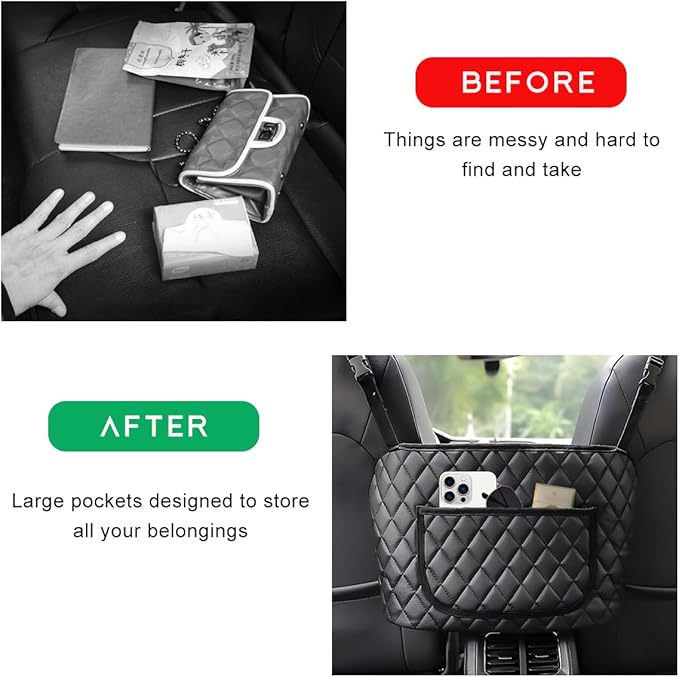 Car Purse Holder Between Seats, Leather Automotive Seat Back Organizer Large Capacity Bag, Front Seat Pocket Handbag Holder & Barrier of Backseat Pet Kids for Most Vehicles