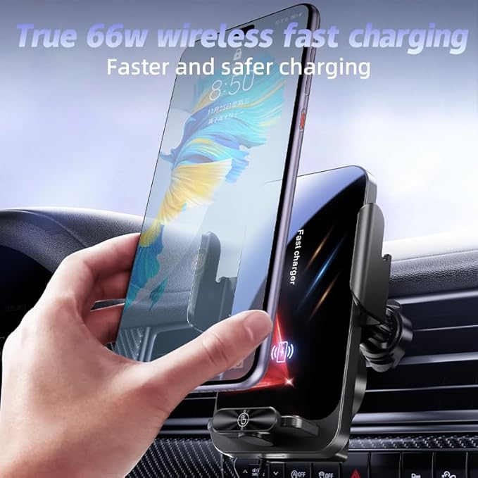 Magnetic Phone Holder Car Wireless Charger, 66W Fast Charging Phone Mount 360 Adjustable Rotatable Auto-Clamping Car Vent for Mount - Dashboard Phone Holder for iPhone/Android/Samsung (Black)