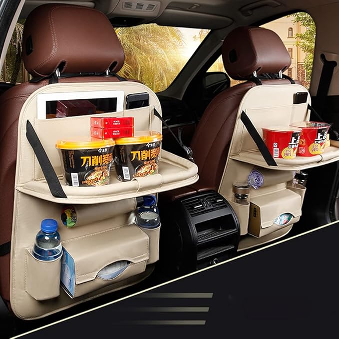 Car Seat Back Organizer PU Leather Storage Bag Universal Auto Multi-pocket Backseat Organizer with Foldable Table Tray