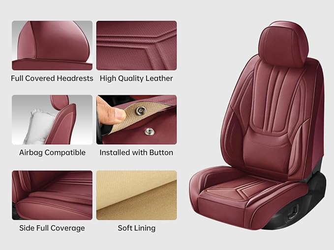 SCDOOCA Car Seat Covers Front Seat Burgundy, Luxury Leather Seat Covers, Waterproof and Breathable Seat Covers, Universal Car Seat Protector Fit for Cars, Trucks, SUVs, Pick-ups, Wine Red