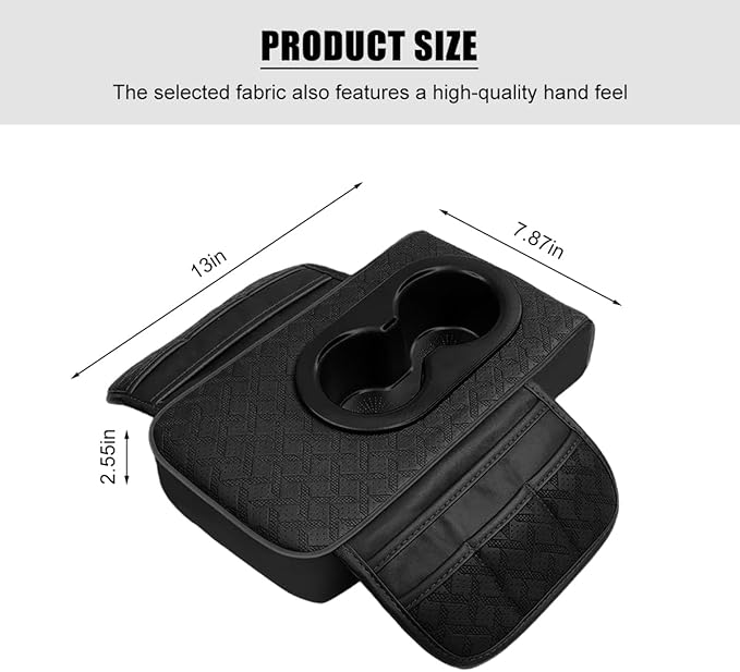 BESULEN Car Center Console Cover, Leather Thick Vehicle Armrest Protector Cushion with Cup Holder & 2 Storage Bags, Automotive Interior Arm Rest Seat Box Pad Accessories, Universal Fit (Black)