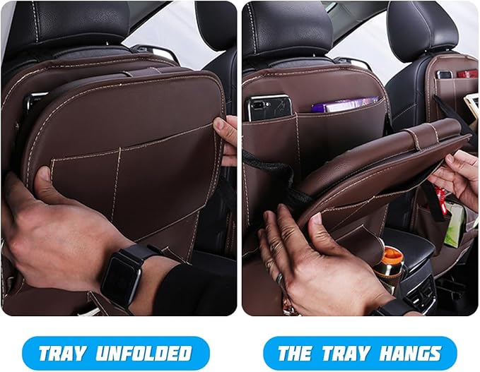 Car Seat Back Organizer, Leather Vehicle Seatback Storage Pocket with Foldable Table Tray, Multifunctional Automotive Backseat Protectors Kick Mats Accessories, Universal Fit (Coffee)