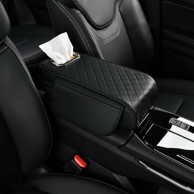 Car Arm Rest Cover Pad for Toyota Camry 2012 2013 2014 2015 2016 2017, Leather Memory Foam Center Console Cushion with 2 Storage Bags and a Tissue Box Universal Car Interior Accessories