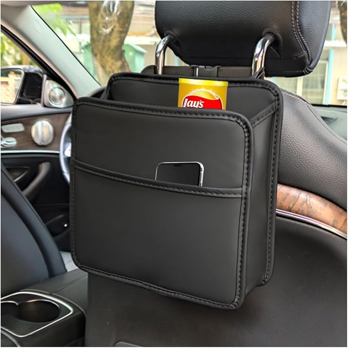 Car Seat Back Organizer, Leather Multipurpose Hanging Vehicle Backseat Headrest Storage Bag, Automotive Pouch Pocket Organizer for Kids & Adults, Universal for Truck SUV Sedan (Black)