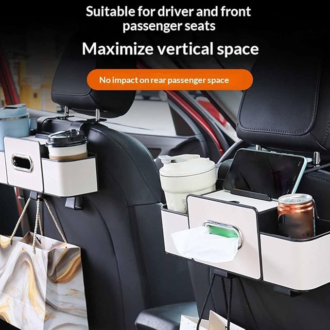 Car Organizers and Storage Box Multifunctional, Car Seat Back Organizer, 4 In 1 Universal Car Storage Box With Hanging Tissue Holder, Cup Holders & Hooks for Purses to Travel Accessories (Brown)