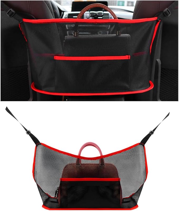 Car Net Pocket Handbag Holder, Driver Storage Netting Pouch Between Seats, Large Capacity Seat Back Organizer Mesh Pocket for Purses and Bags, Auto Backseat Pet Kids Barrier (Black & Red)