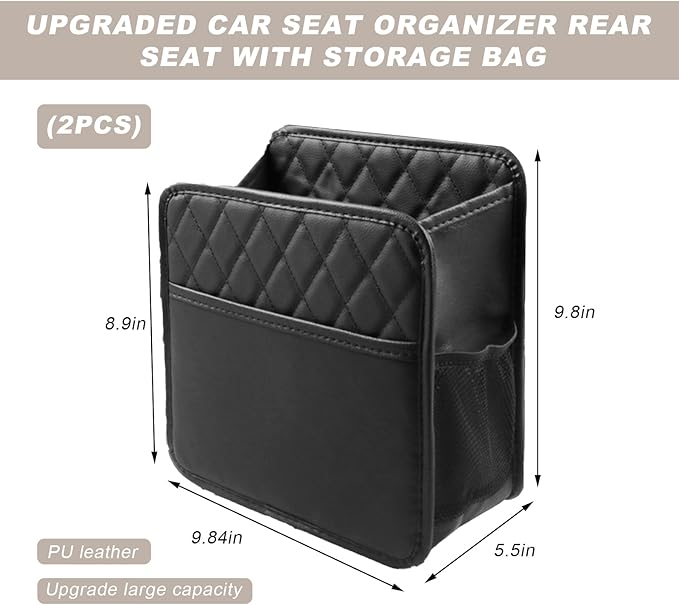2 PCS Car Seat Back Organizer, Large Capacity Foldable Car Seat Back Hanging Bag with 3 Extra Pockets, Waterproof Leather Auto Seats Storage Organizer, Car Travel Essentials Accessories (Black)
