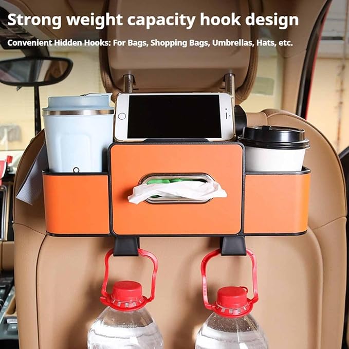 Car Organizers and Storage Box Multifunctional, Car Seat Back Organizer, 4 In 1 Universal Car Storage Box With Hanging Tissue Holder, Cup Holders & Hooks for Purses to Travel Accessories (Brown)