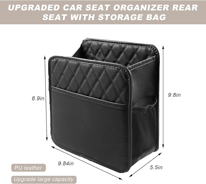 Car Seat Back Organizer, Large Capacity Foldable Car Seat Back Hanging Bag with 3 Extra Pockets, Waterproof Leather Auto Seats Storage Organizer, Car Travel Essentials Accessories (Black)