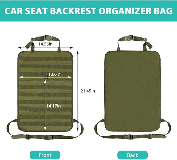Car Seat Back Organizer, Tactical MOLLE Sag Proof Vehicle Panel Backseat Cover Protector, Universal Molle Nylon Storage Bag Seat Back Hanger Pad for Car Truck SUV Pickup (Army Green)