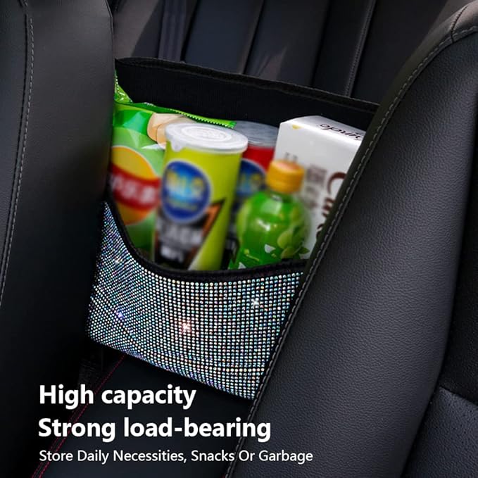 Car Net Pocket Handbag Holder Between Seat Back Organizer, Purse Holder for Console Front Seat Storage Barrier, Rhinestone Car Storage Organizer Between Front Seats, White
