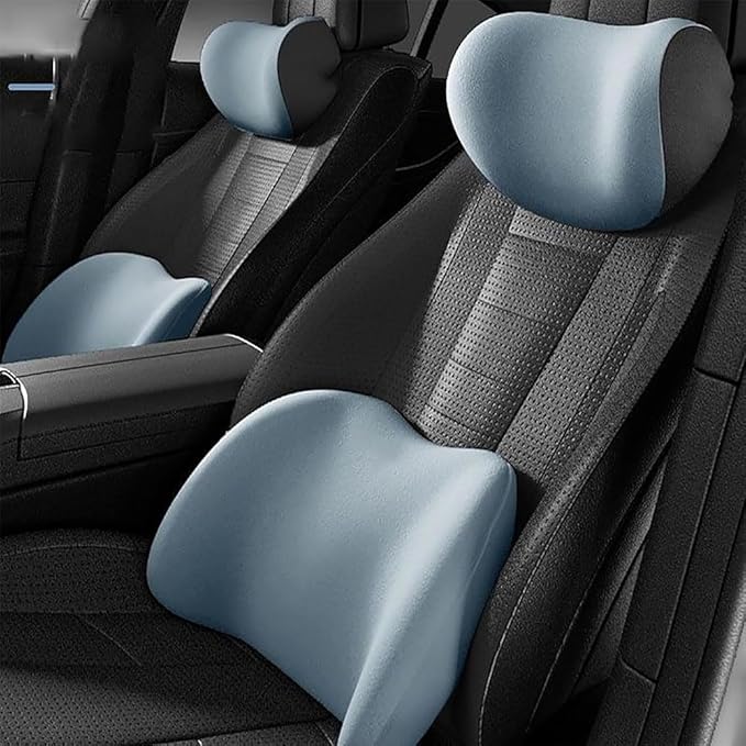 Car Seat Headrest Lumbar Support Kit for Tesla Model Y 2021 2022 2023, Ergonomic Memory Foam Head Neck Pillow Back Cushion Drivers Travel Anti Fatigue,E/Blue