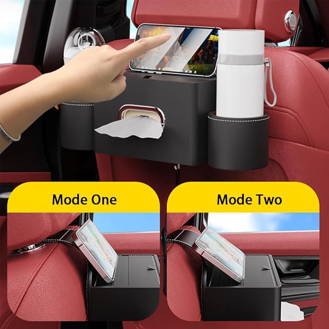 Seat Back Organizer, Full Leather Cover Tissue Case Headrest Storage Box with 2 Cup Holders and Hook Multi-functional Durable Back Seat Storage Tool for Family Travel and Kids Care Red
