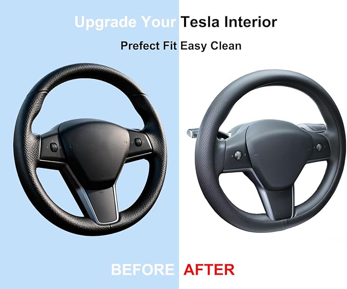 Leather Steering Wheel Cover for 2016-2025 Tesla Model 3/Y(Not for Juniper Y Highland 3),Non-Slip Breathable Steering Wheel Protector for Model 3 Y Steering Wheel,Sweatproof,Slip-on(Black)