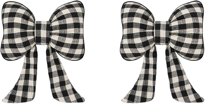 Car Accessories Plaid Bow Headrest Lumbar Pillow 4PCs Set Cotton Linen Elegant Soft Car Seat Cushions for Daily Commuting Trave (Black Plaid,Headrest 2pcs)