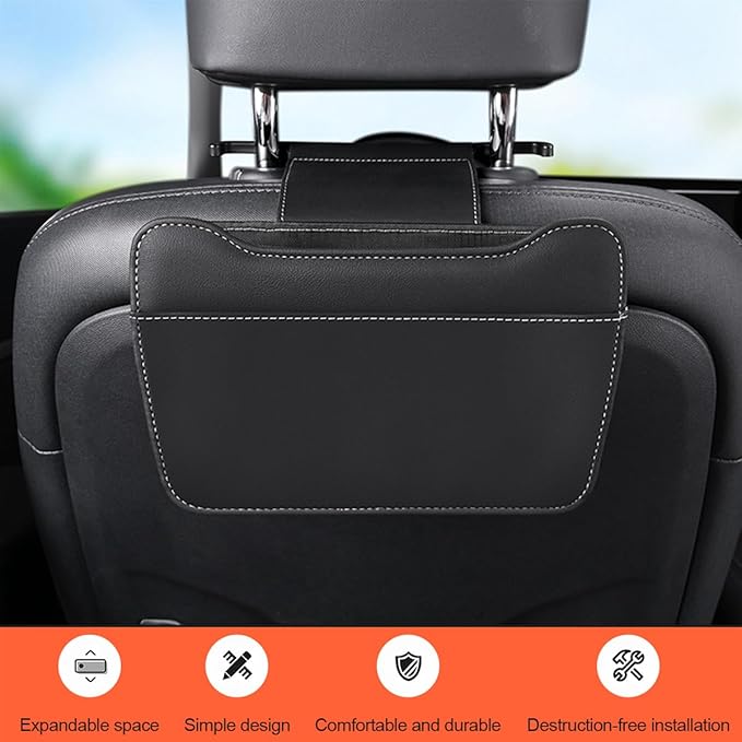 Car Seat Back Organizer, Leather Multipurpose Vehicle Backseat Storage Pocket, Waterproof Automotive Interior Hanging Bag Accessories, Universal for SUV, Sedan, Truck (Black)