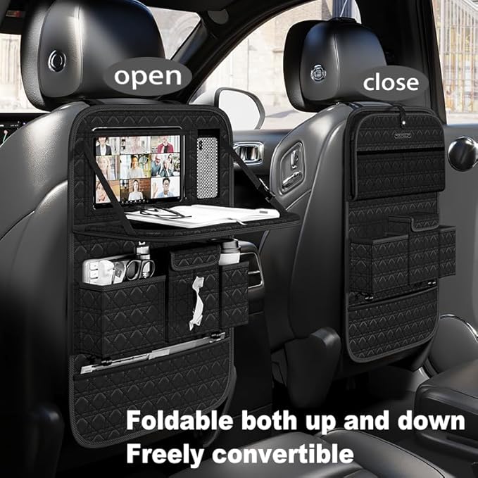 GMQ Backseat Car Organizer 1 Pack, Car Back Seat Organizers with Tray,Multifunctional Car Seat Back Organizer with Foldable Tablet Holder (Black, 1 PC)