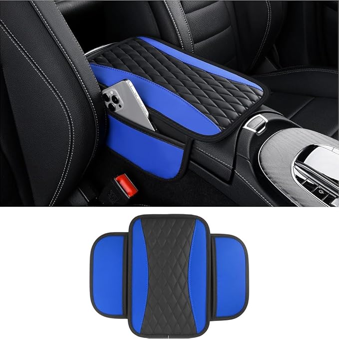 Car Center Console Cover for Jeep Wrangler 1986–2025 2026 YJ/TJ/JK/JL,Leather Armrest Pad with Side Storage Pockets,Waterproof Console Lid Protector,Auto Interior Accessories,Blue