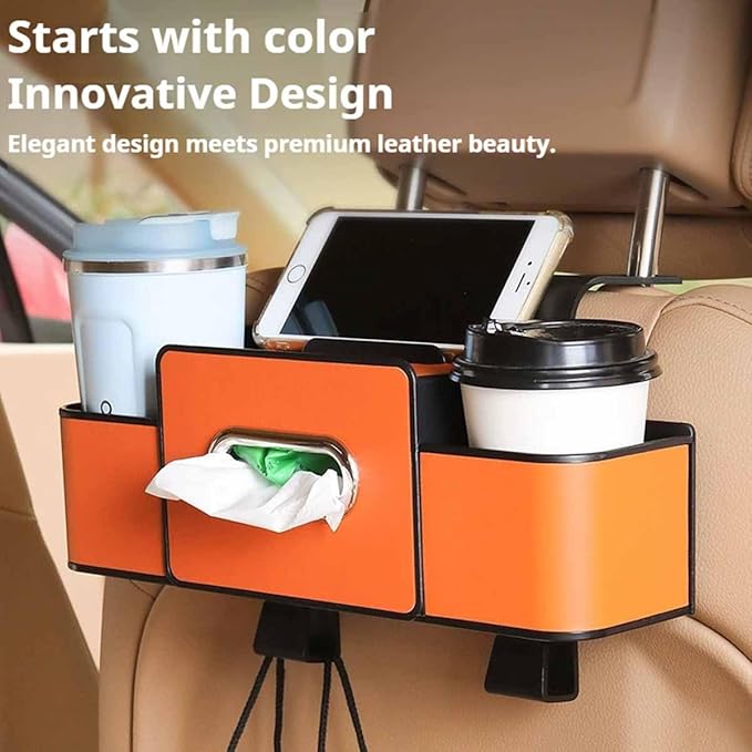 Car Organizers and Storage Box Multifunctional, Car Seat Back Organizer, 4 In 1 Universal Car Storage Box With Hanging Tissue Holder, Cup Holders & Hooks for Purses to Travel Accessories (Orange)