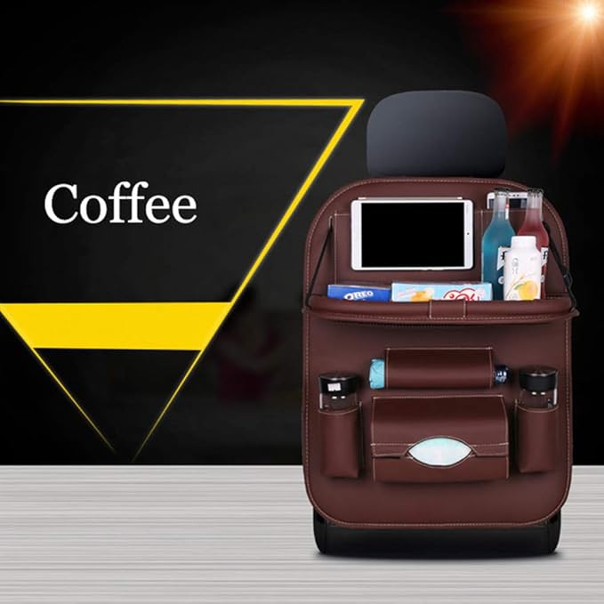 Car Seat Back Organizer PU Leather Storage Bag Universal Auto Multi-pocket Backseat Organizer with Foldable Table Tray