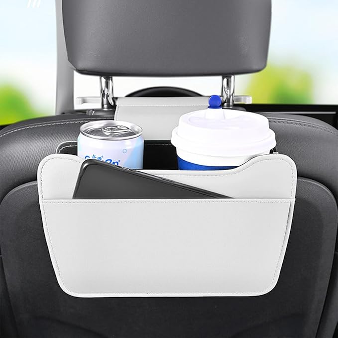 Car Seat Back Organizer, Leather Multipurpose Vehicle Backseat Storage Pocket, Waterproof Automotive Interior Hanging Bag Accessories, Universal for SUV, Sedan, Truck (White)