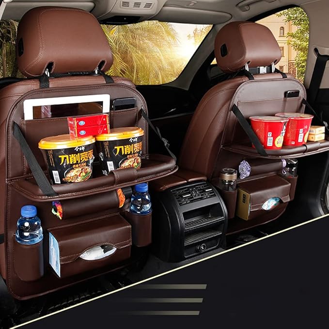 Car Seat Back Organizer PU Leather Storage Bag Universal Auto Multi-pocket Backseat Organizer with Foldable Table Tray