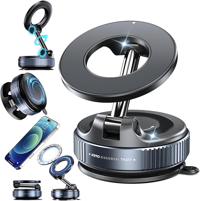 Boxgear Vacuum Magnetic Phone Holder for Car – Strong Suction Cup Mount, Foldable Magnet Phone Stand for All Smartphones, Compatible with Cars, Gym & Bathroom Mirrors