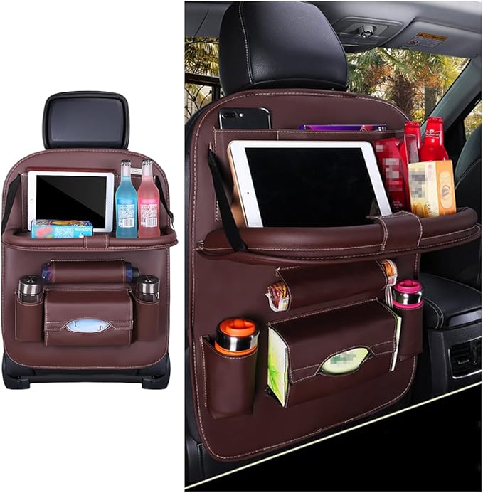 Car Seat Back Organizer, Leather Vehicle Seatback Storage Pocket with Foldable Table Tray, Multifunctional Automotive Backseat Protectors Kick Mats Accessories, Universal Fit (Coffee)