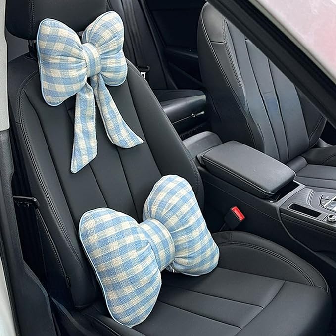 Car Accessories Plaid Bow Headrest Lumbar Pillow 4PCs Set Cotton Linen Elegant Soft Car Seat Cushions for Daily Commuting Trave (Blue Plaid,headrest+Lumbar Pillow 2pcs)