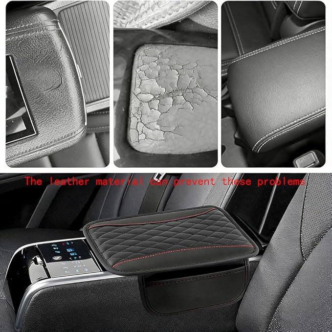 Car Center Console Cover for Jeep Wrangler 1986–2025 2026 YJ/TJ/JK/JL,Leather Armrest Pad with Side Storage Pockets,Waterproof Console Lid Protector,Auto Interior Accessories,Black