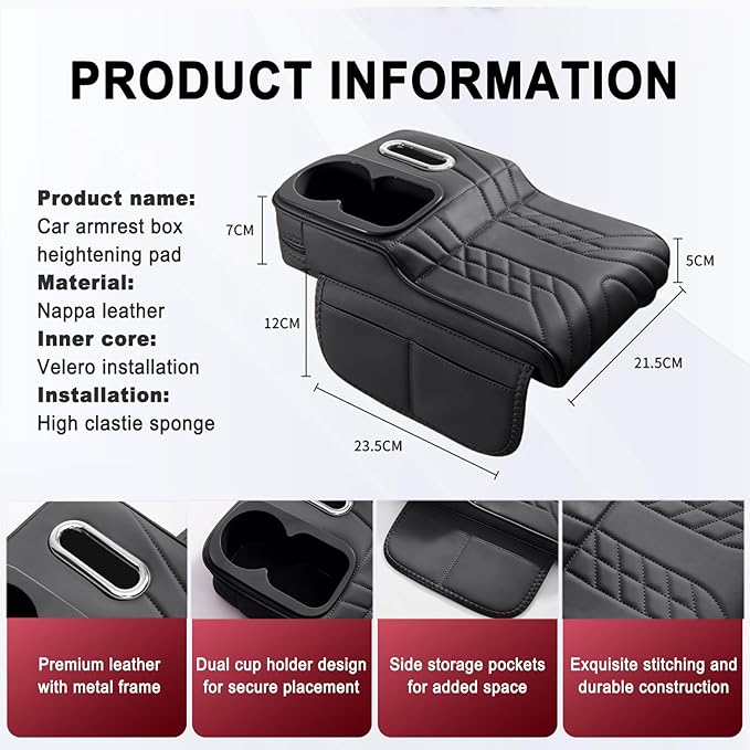 Car Armrest Storage Box for Audi Q8 2018–2025 2020 2021 2022 2023 2024, Sport-Style Center Console Organizer with Side Pocket, PU Leather Armrest Cushion, Elbow Support Pad,A Black