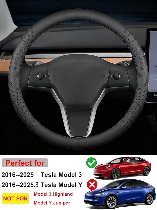 Leather Steering Wheel Cover for 2016-2025 Tesla Model 3/Y(Not for Juniper Y Highland 3),Non-Slip Breathable Steering Wheel Protector for Model 3 Y Steering Wheel,Sweatproof,Slip-on(Black)