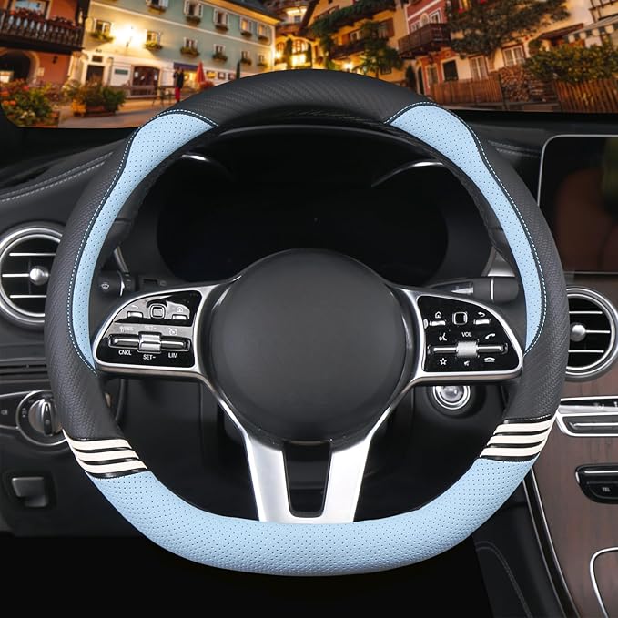 14 inch Cute D Shaped Steering Wheel Cover for Women Men Faux Leather and Carbon Fiber,Black and Blue