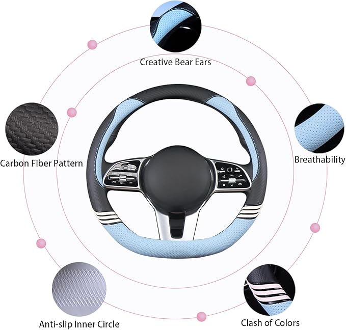 Cute Steering Wheel Cover D Shape for Women Men Breathable Universal 15 inch,Black and Blue