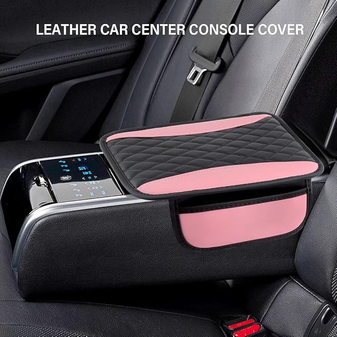 Car Center Console Cover for Jeep Wrangler 1986–2025 2026 YJ/TJ/JK/JL,Leather Armrest Pad with Side Storage Pockets,Waterproof Console Lid Protector,Auto Interior Accessories,Pink