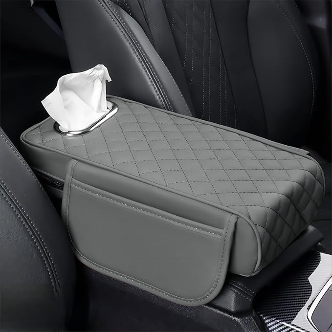 Car Armrest Pads for Hyundai Santa Fe Sport 2013 2014 2015 2016 2017 2018,Leather Center Console Covers Waterproof Anti-Slip Scratch Comfortable Automobile Protective Accessories,Grey