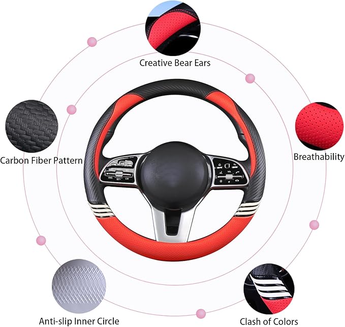 Cute Steering Wheel Cover for Women Men Leather Universal 15 inch,Black and Red